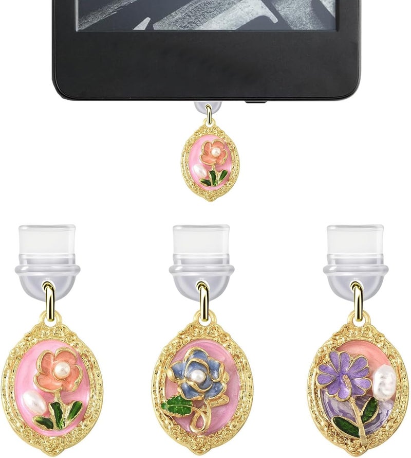 sunla Store 3Pcs Charms for Kindle, Exquisite Flowers Dust Plug Charm Compatible with E-Reader, Phone, Ipad with Type C/USB C Charging Port-CP003 - Image 1